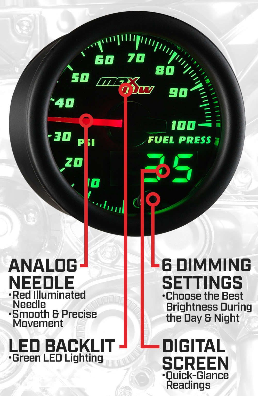 Black & Green Double Vision 100 PSI Fuel Pressure Gauge Features
