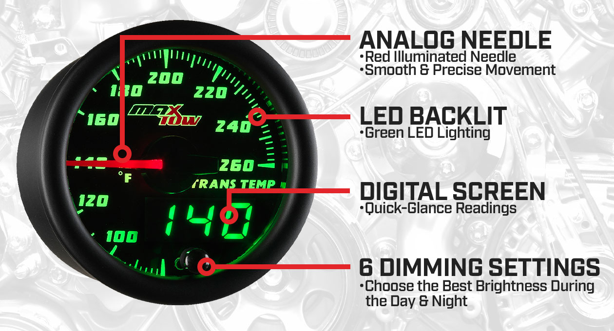 GlowShift | MaxTow Black & Green Double Vision™ Trans Temp Gauge