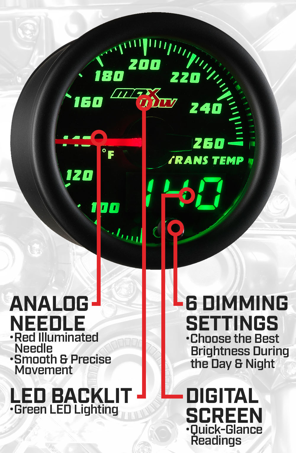 Black & Green Double Vision Transmission Temperature Gauge Features