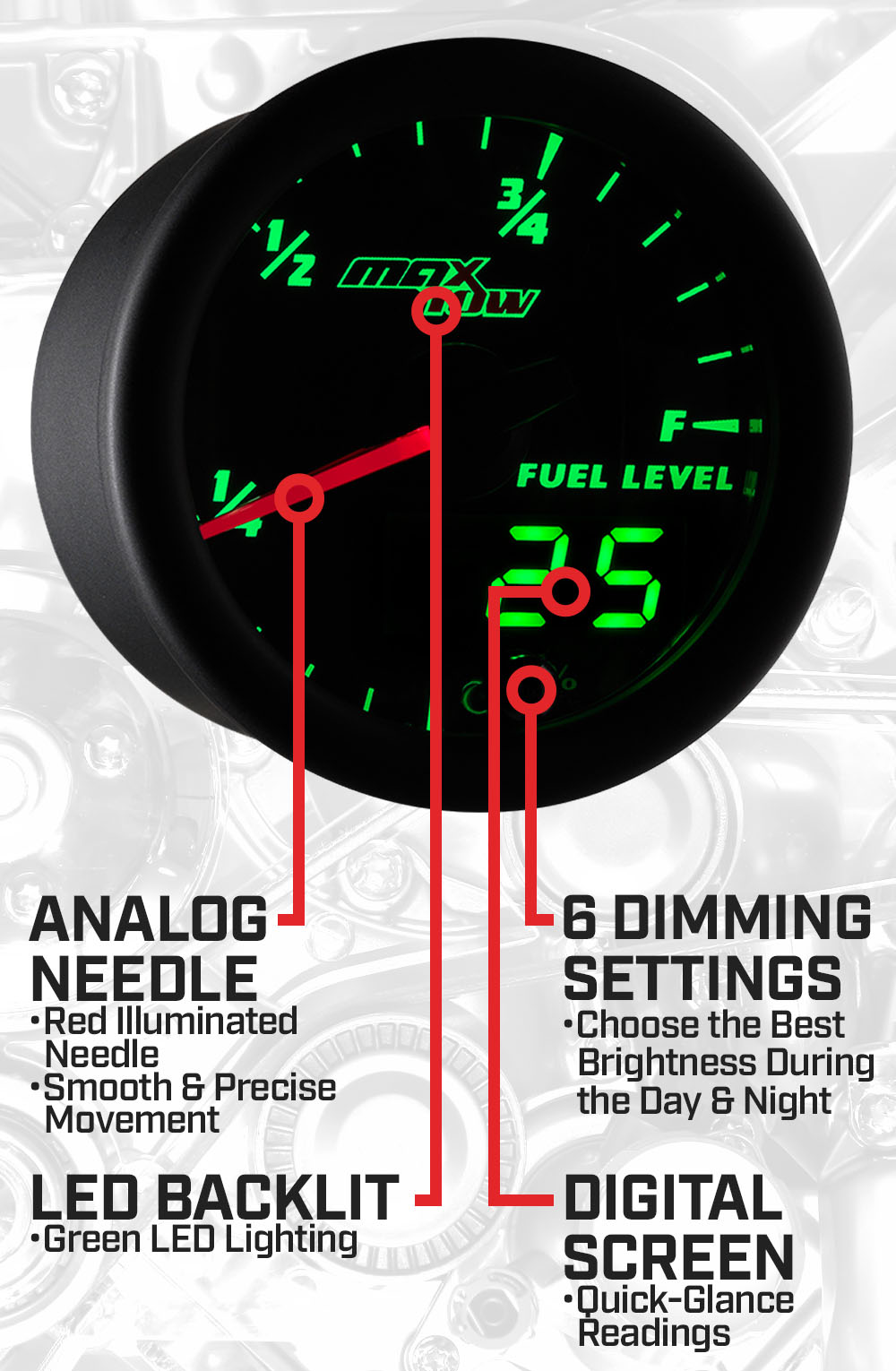 Black & Green Double Vision Fuel Level Gauge Features