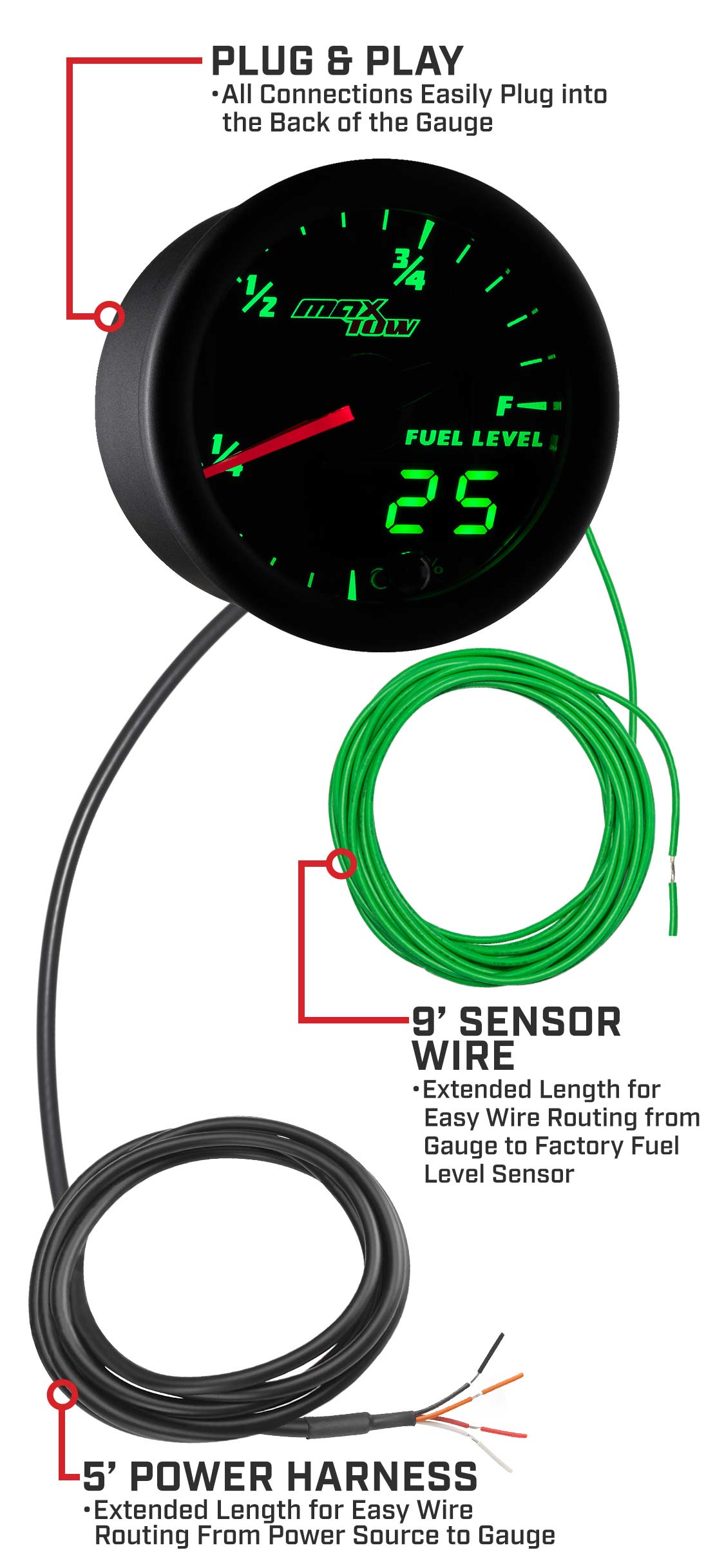 Black & Green Double Vision Fuel Level Gauge Parts & Wiring