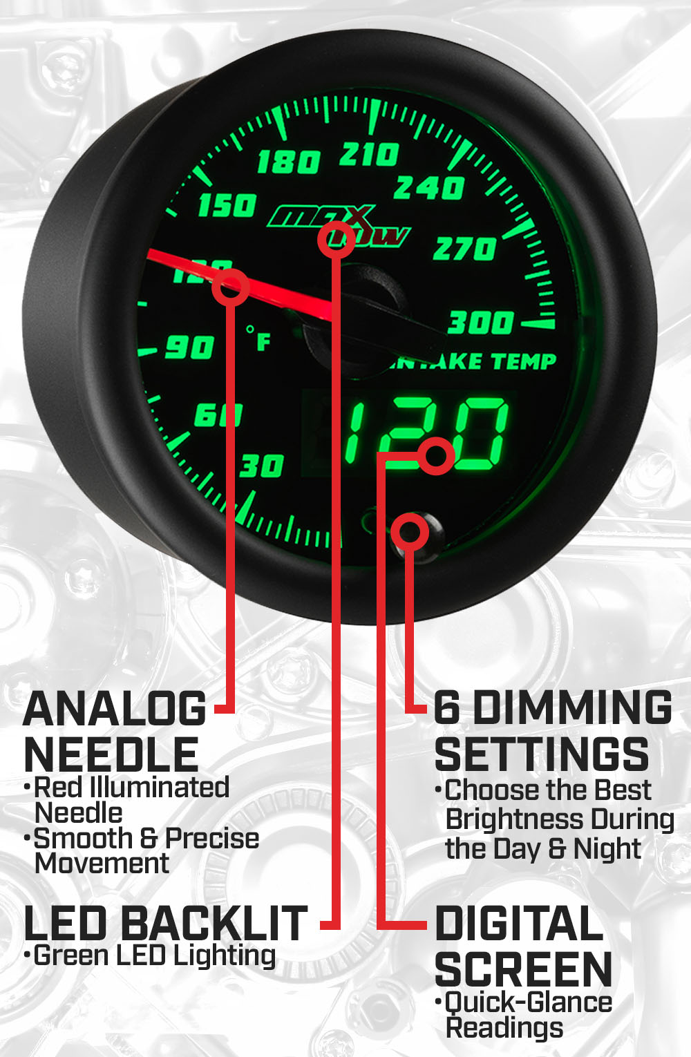 Black & Green Double Vision Rear Differential Temperature Gauge Features