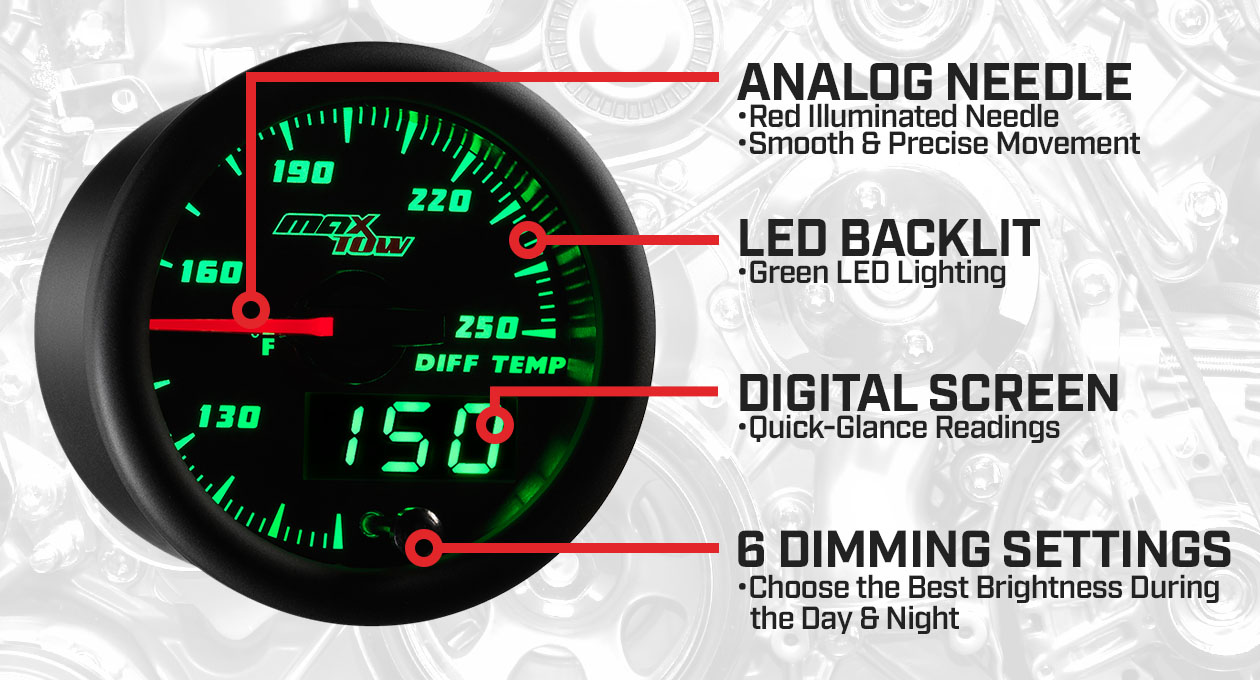 Black & Green Double Vision Rear Differential Temperature Gauge Features