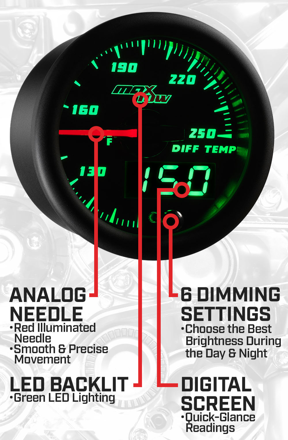 Black & Green Double Vision Rear Differential Temperature Gauge Features