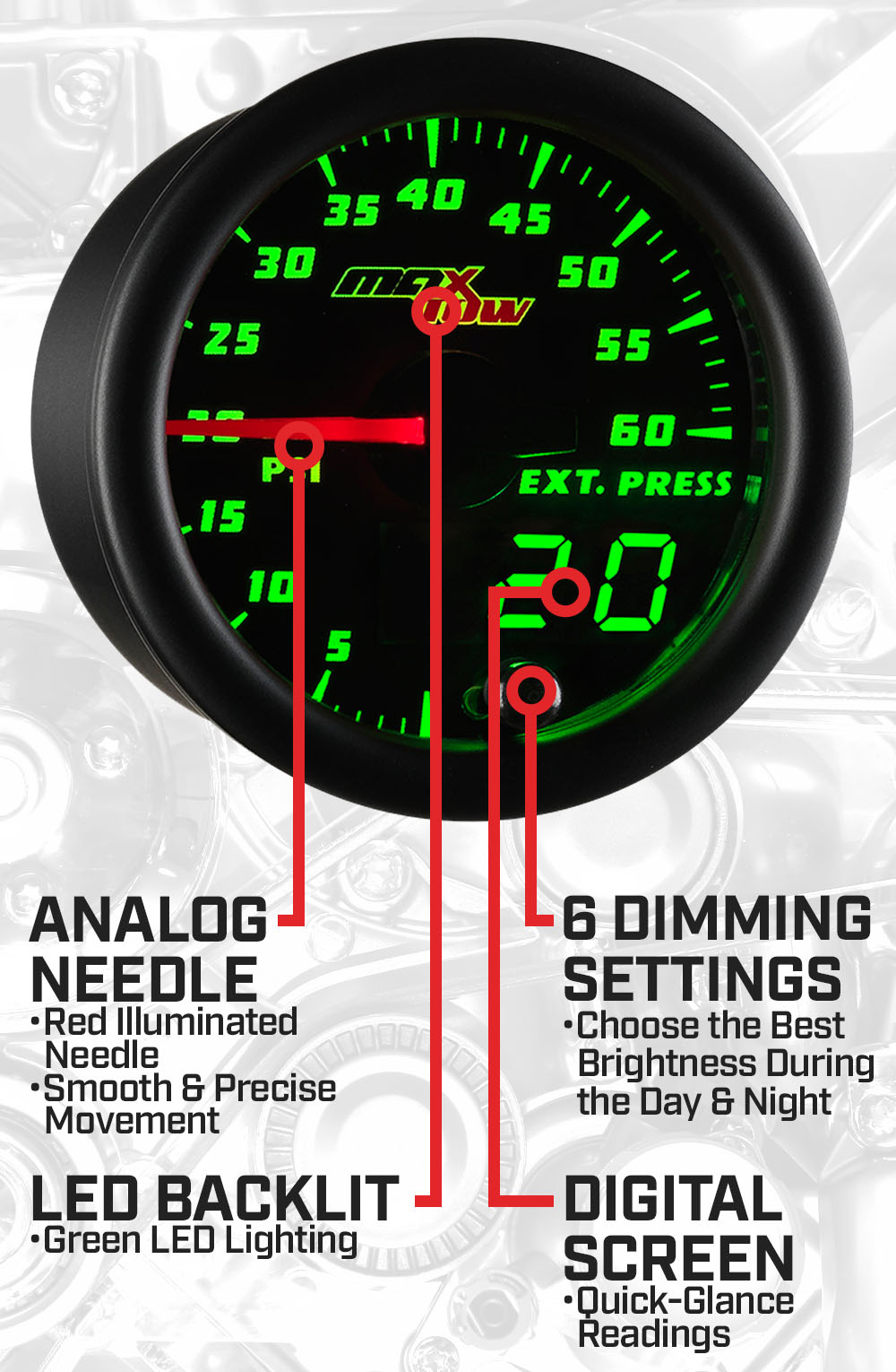 Black & Green Double Vision 60 PSI Drive Pressure Gauge Features