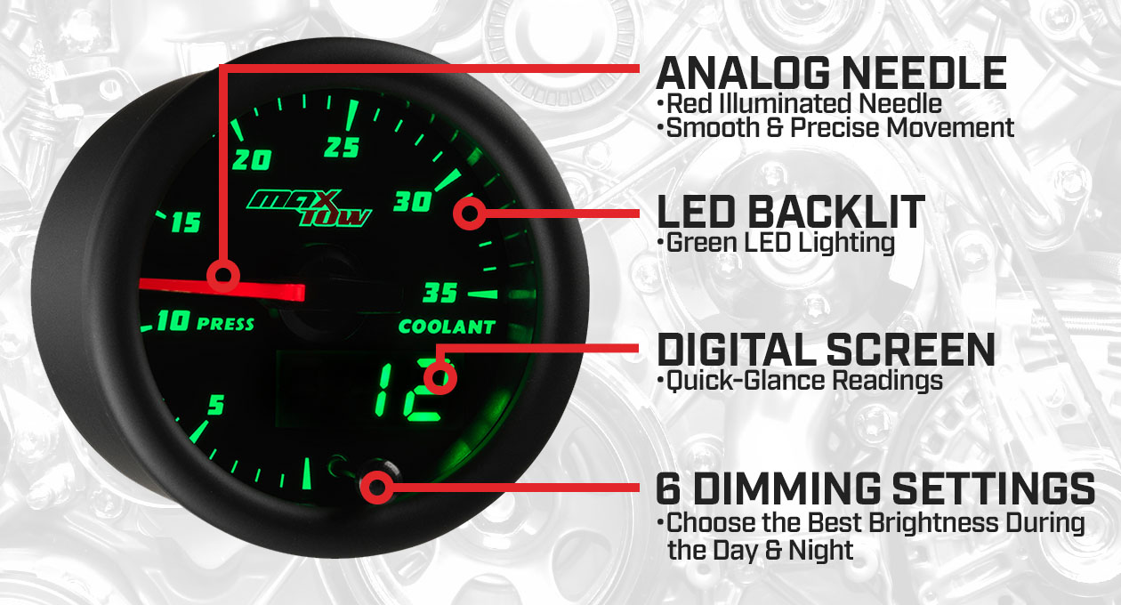 Black & Green Double Vision 35 PSI Coolant Pressure Gauge Features