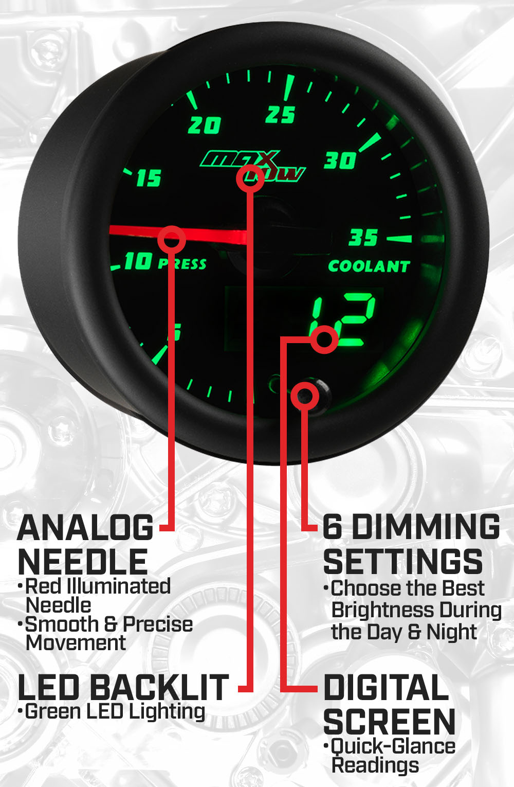 Black & Green Double Vision 35 PSI Coolant Pressure Gauge Features