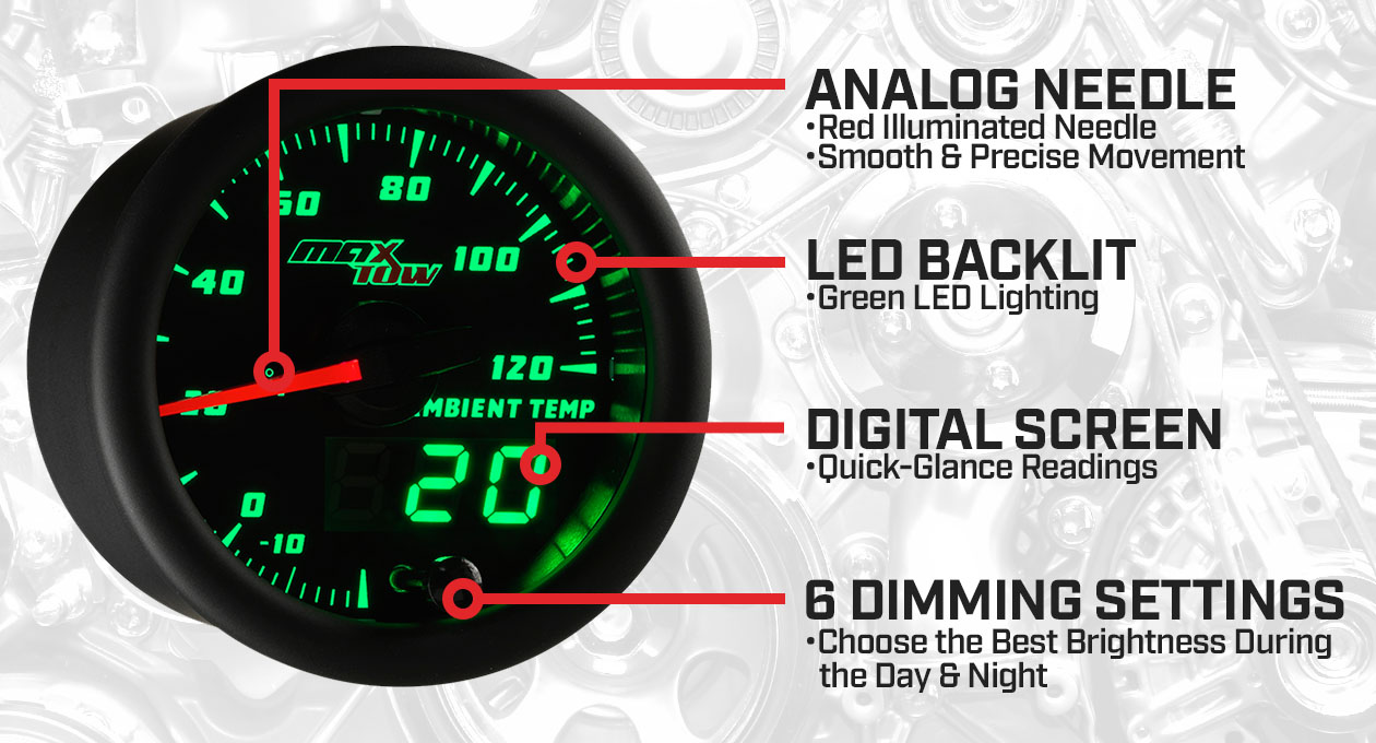 Black & Green Double Vision Ambient Temperature Gauge Features