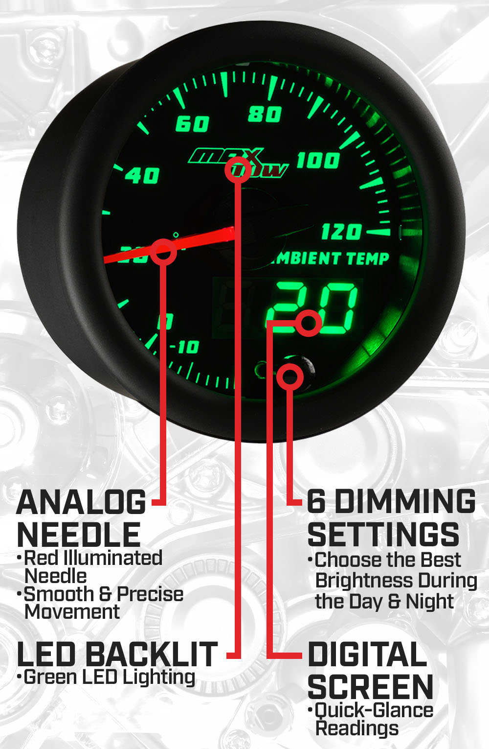 Black & Green Double Vision Ambient Temperature Gauge Features