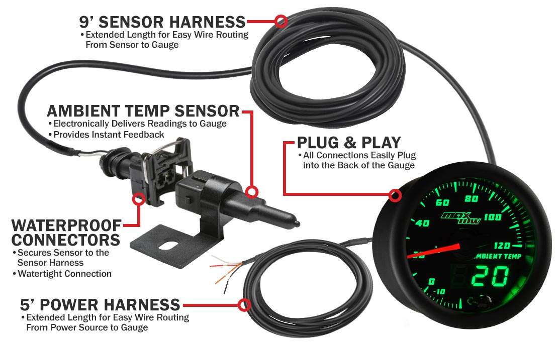 Black & Green Double Vision Outside Air Temperature Gauge Parts & Wiring
