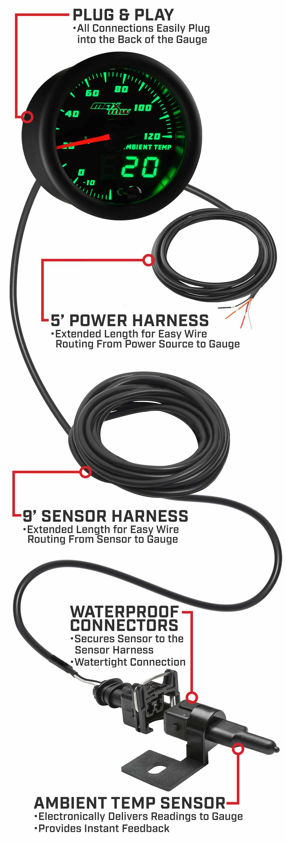 Black & Green Double Vision Outside Air Temperature Gauge Parts & Wiring