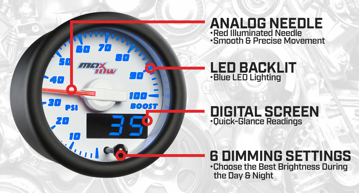 White & Blue Double Vision 100 PSI Boost Gauge Features