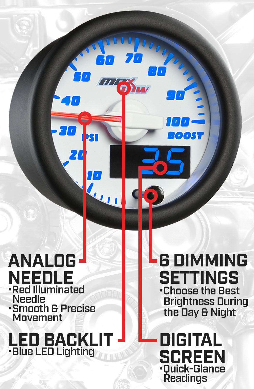 White & Blue Double Vision 100 PSI Boost Gauge Features