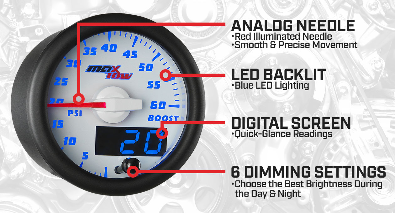White & Blue Double Vision 60 PSI Boost Gauge Features