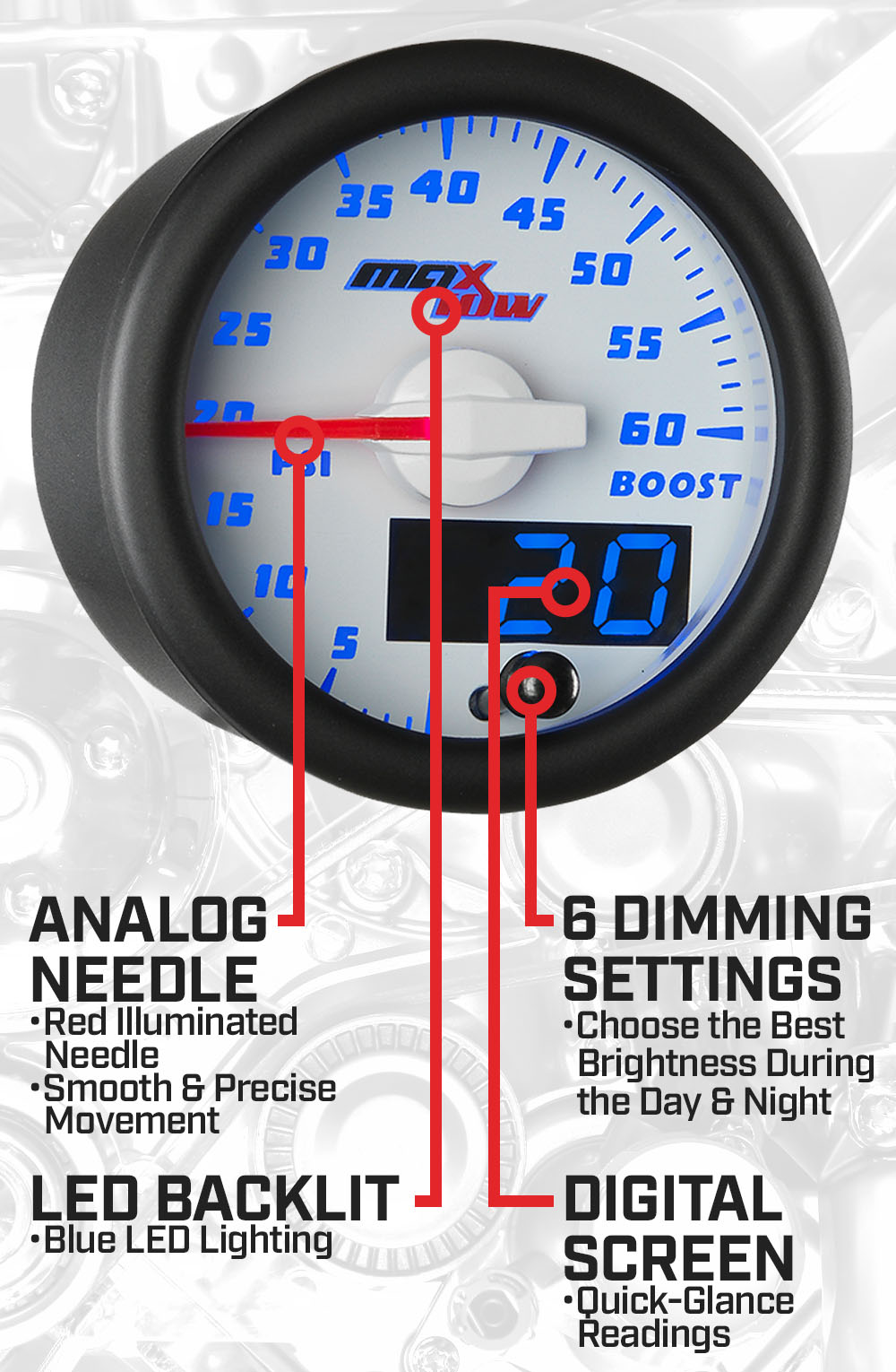 White & Blue Double Vision 60 PSI Boost Gauge Features