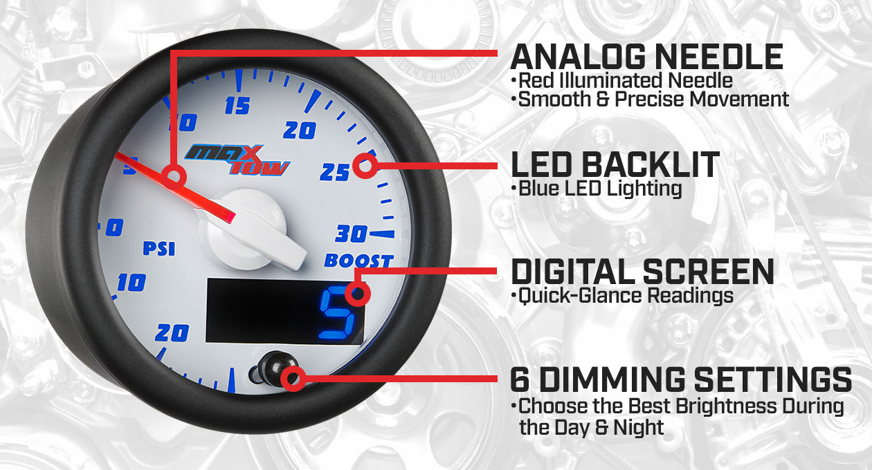 White & Blue Double Vision Boost/Vacuum Gauge Features