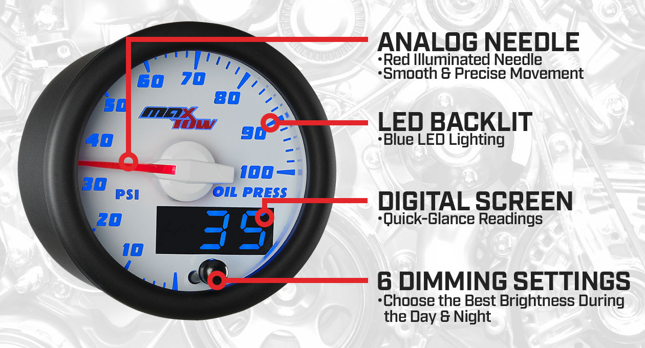 White & Blue Double Vision Oil Pressure Gauge Features