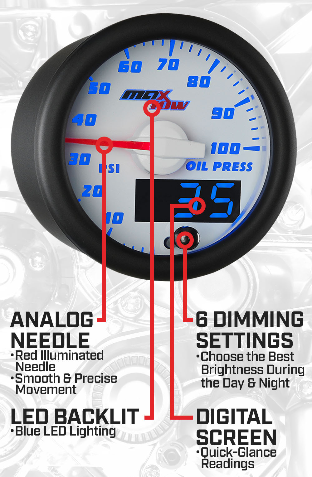 White & Blue Double Vision Oil Pressure Gauge Features
