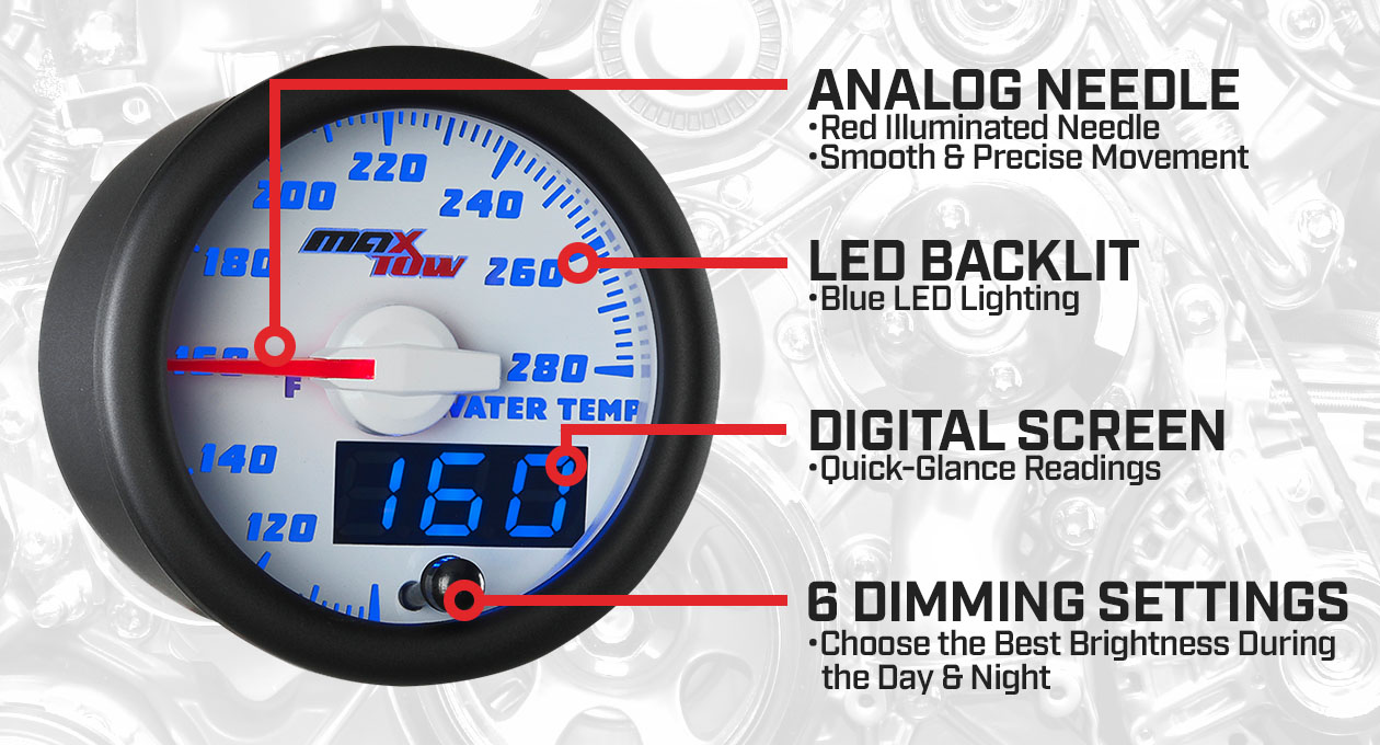 White & Blue Double Vision Water Temperature Gauge Features