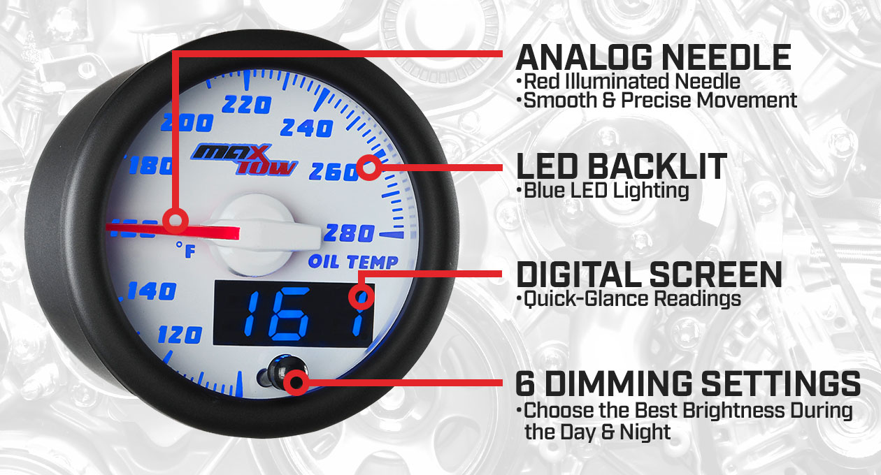 White & Blue Double Vision Oil Temperature Gauge Features