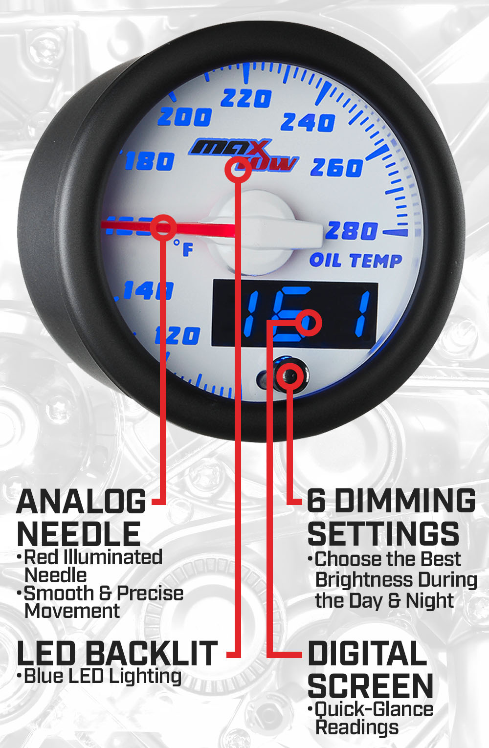 White & Blue Double Vision Oil Temperature Gauge Features