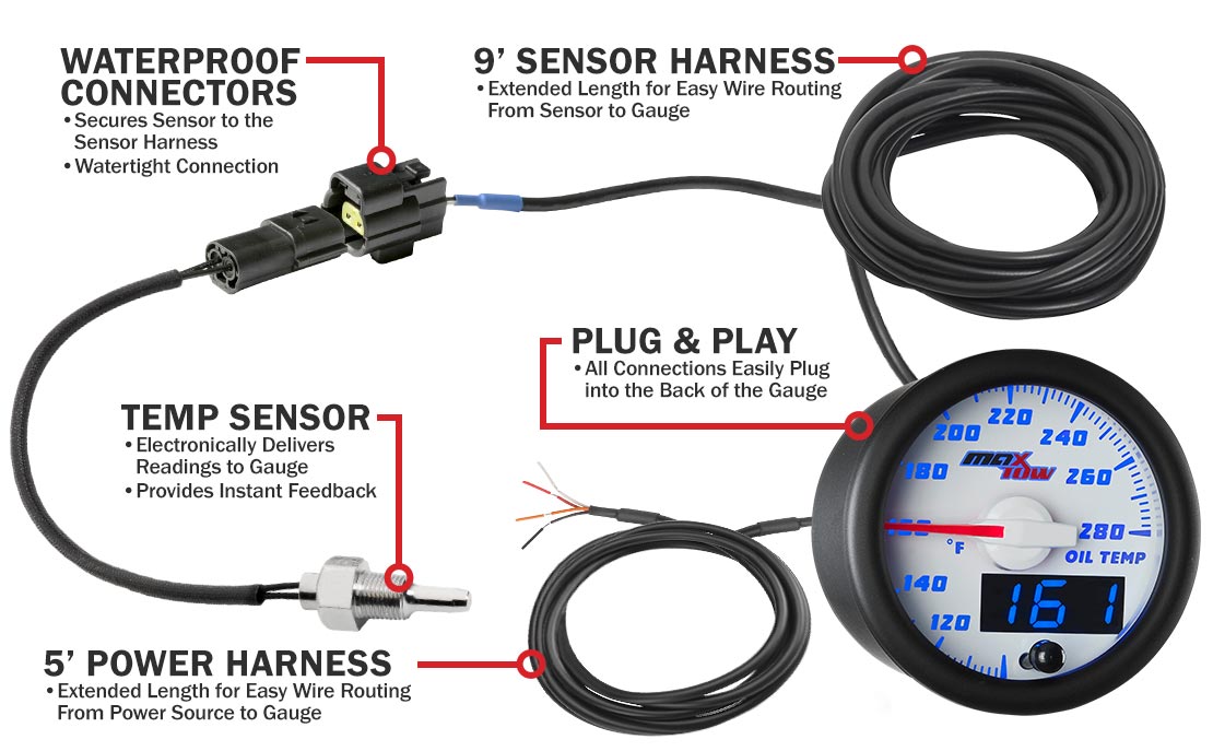 White & Blue Double Vision Oil Temperature Gauge Parts & Wiring