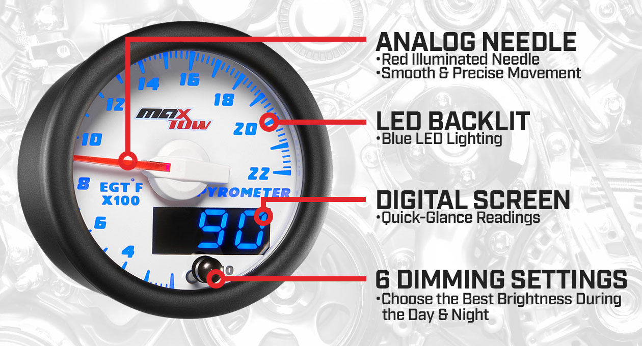 White & Blue Double Vision 2200F Pyrometer EGT Gauge Features