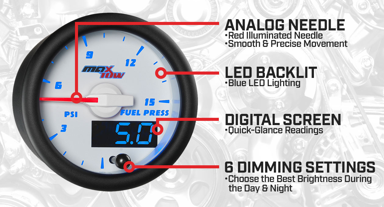 White & Blue Double Vision 15 PSI Fuel Pressure Gauge Features