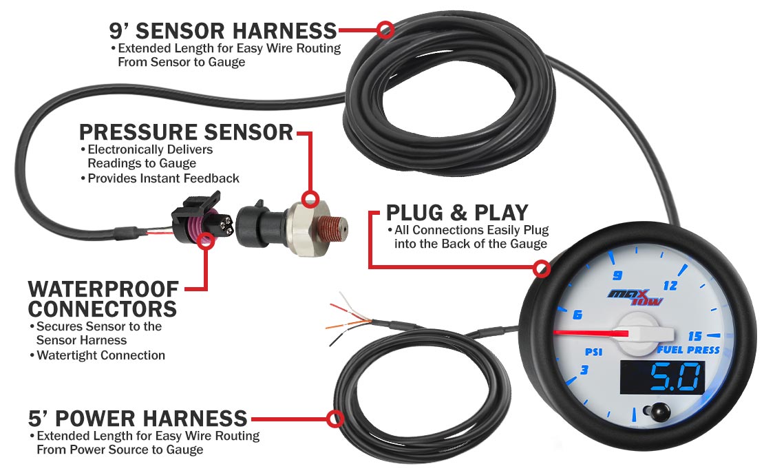 White & Blue Double Vision 15 PSI Fuel Pressure Gauge Parts & Wiring