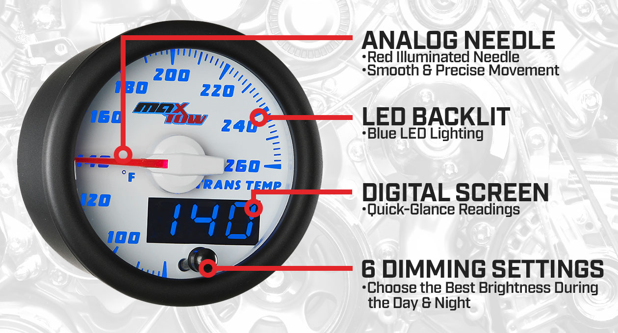 White & Blue Double Vision Transmission Temperature Gauge Features