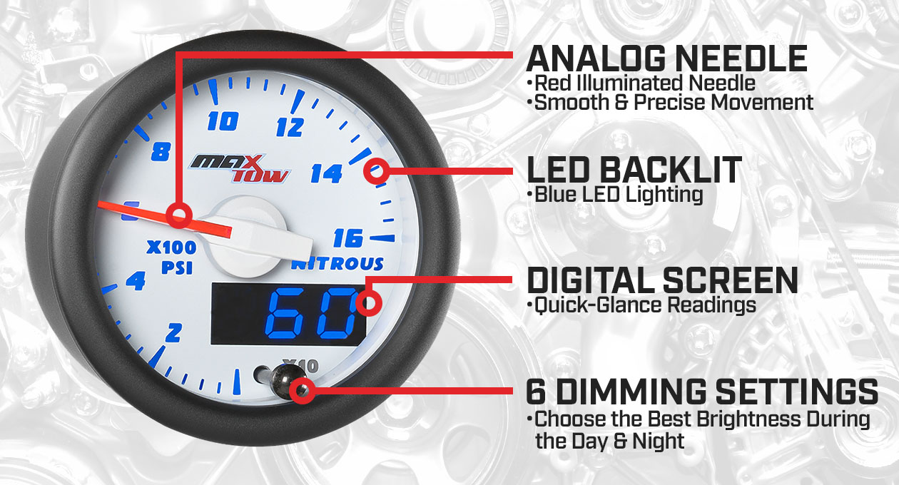 White & Blue Double Vision Nitrous Oxide Pressure Gauge Features