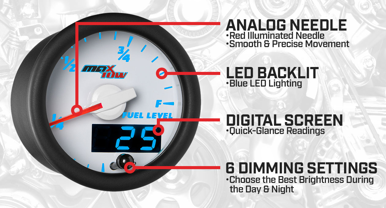 White & Blue Double Vision Fuel Level Gauge Features