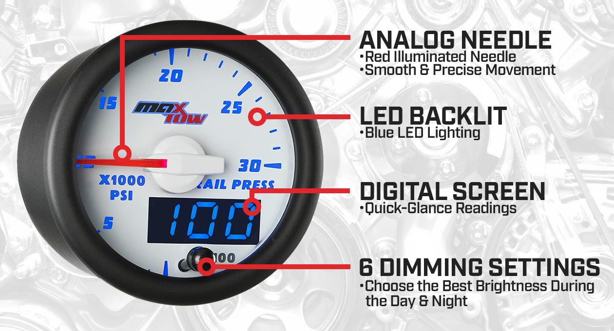 White & Blue Double Vision Fuel Rail Pressure Gauge Features