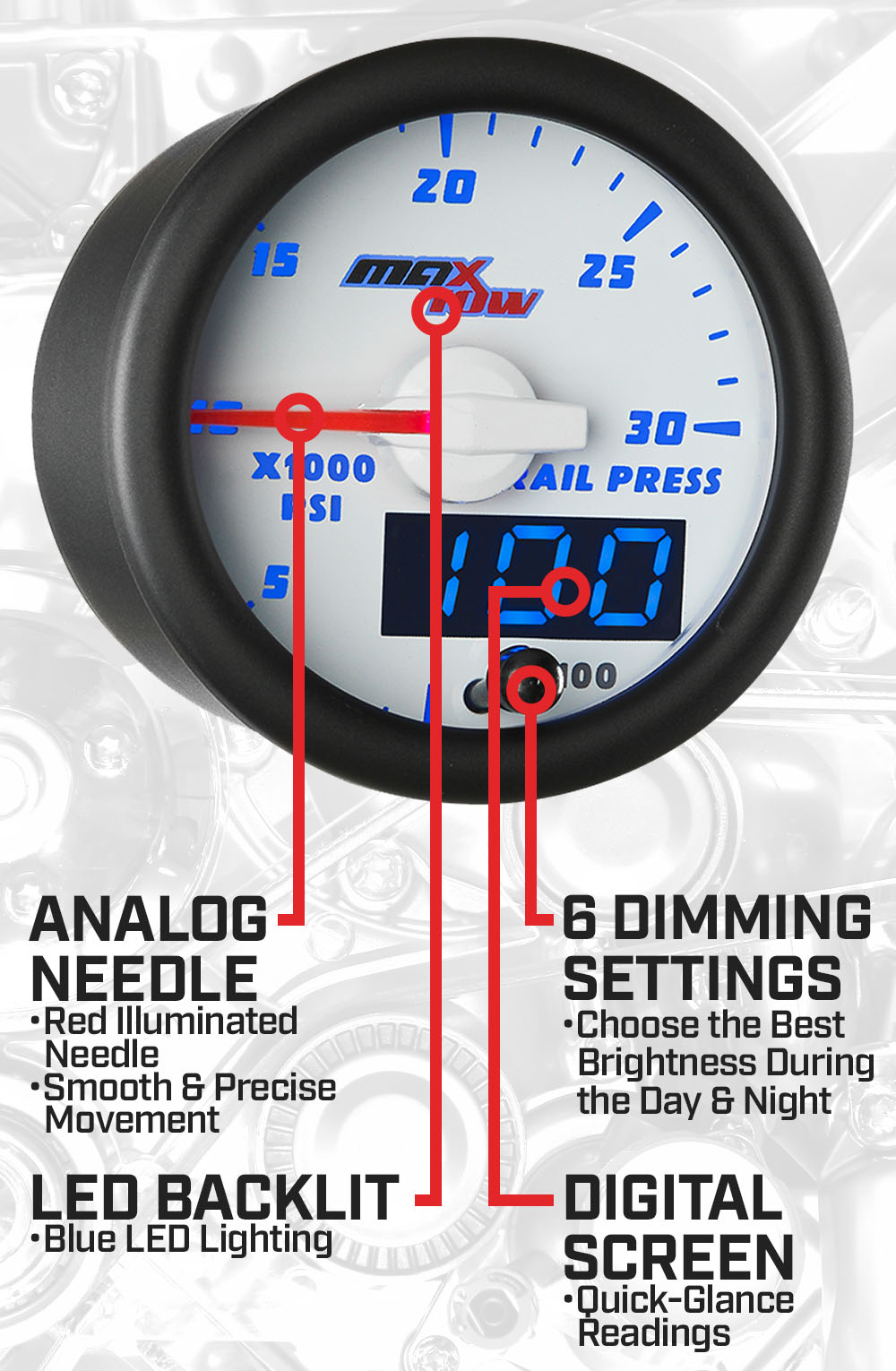 White & Blue Double Vision Fuel Rail Pressure Gauge Features