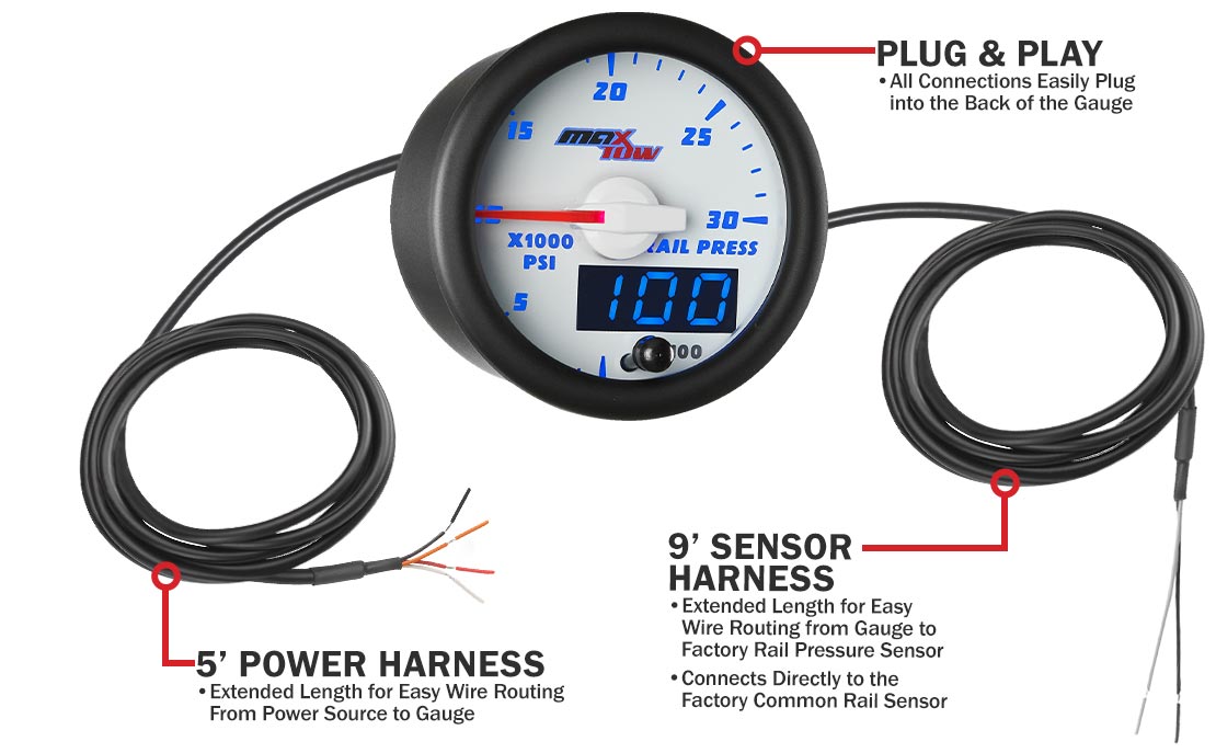 MaxTow  White & Blue Double Vision™ 30 PSI Fuel Pressure Gauge