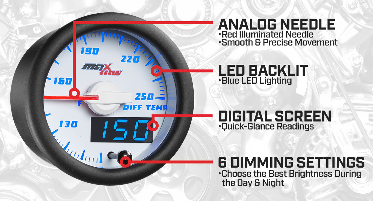 White & Blue Double Vision Rear Differential Temperature Gauge Features