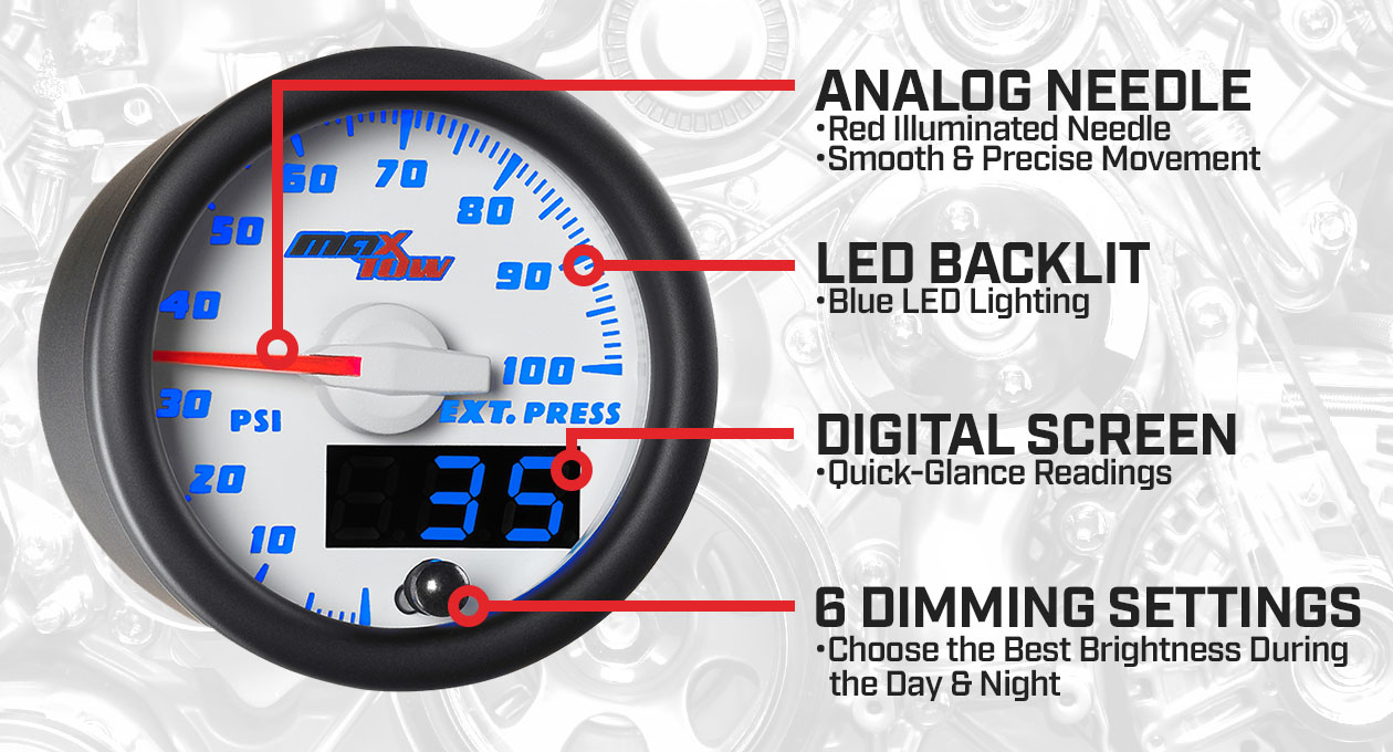 White & Blue Double Vision 100 PSI Drive Pressure Gauge Features