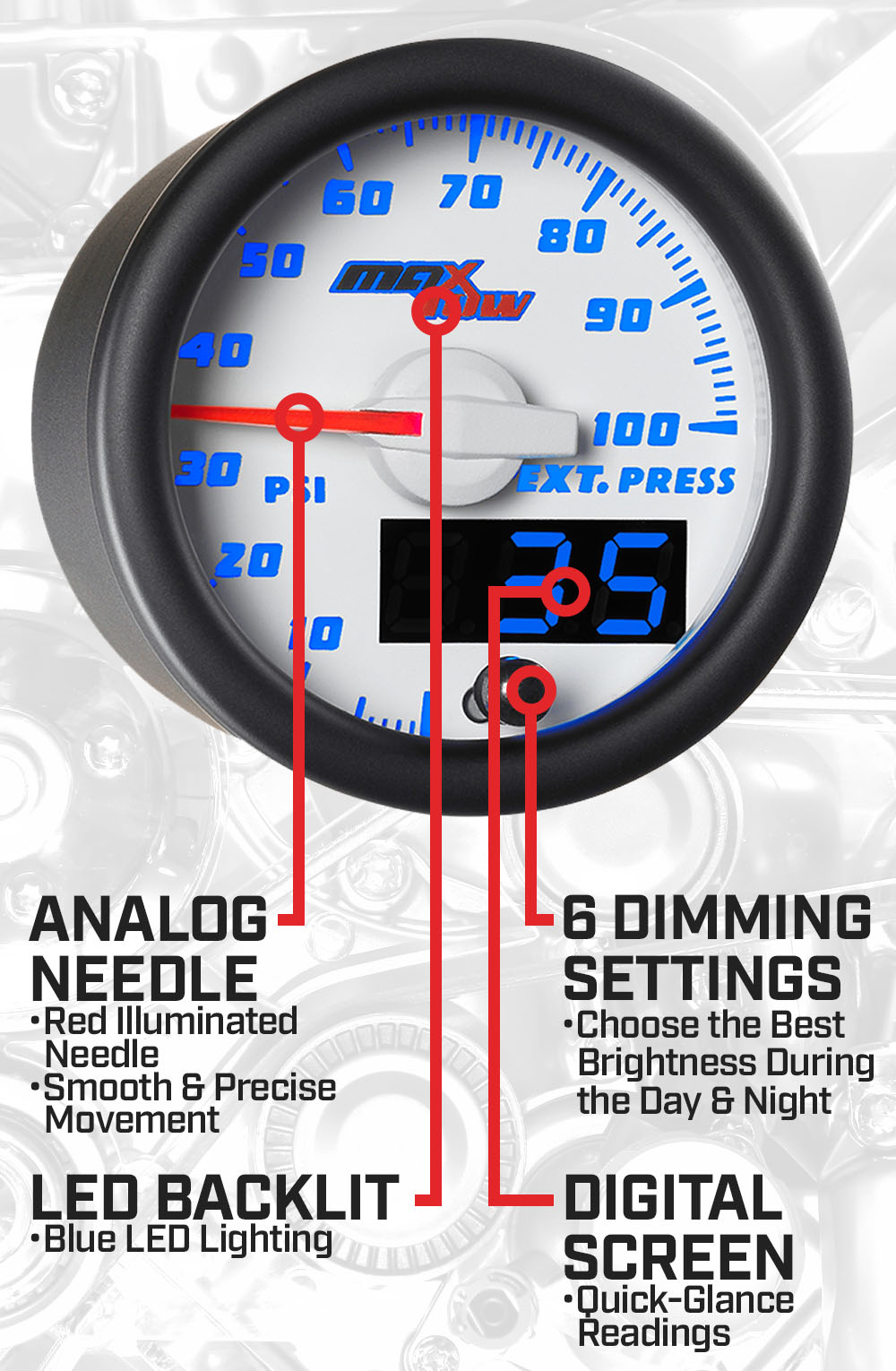 White & Blue Double Vision 100 PSI Drive Pressure Gauge Features