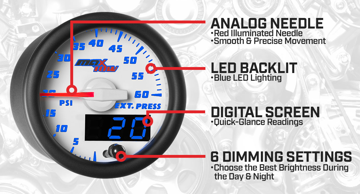 White & Blue Double Vision 60 PSI Drive Pressure Gauge Features