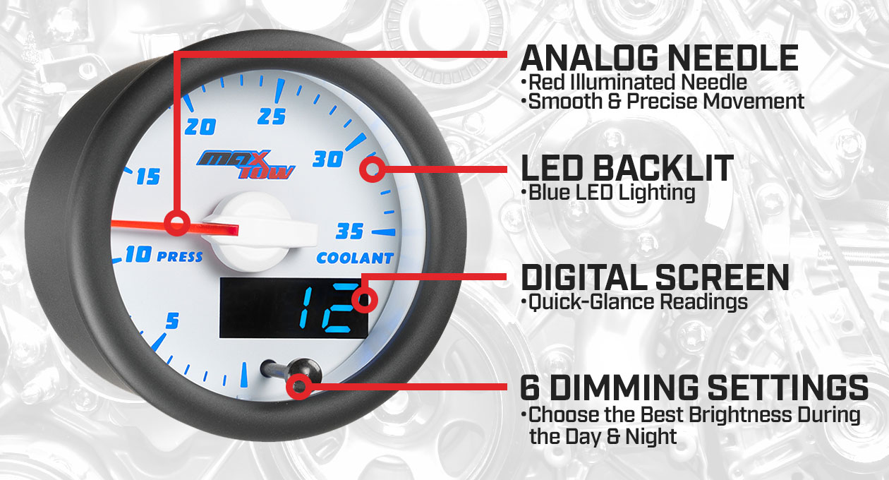 White & Blue Double Vision 35 PSI Coolant Pressure Gauge Features