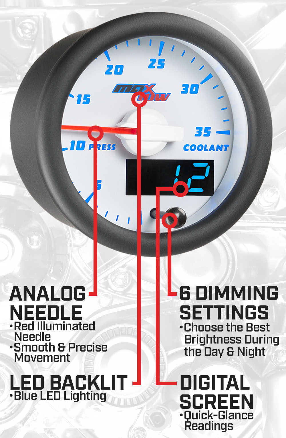 White & Blue Double Vision 35 PSI Coolant Pressure Gauge Features