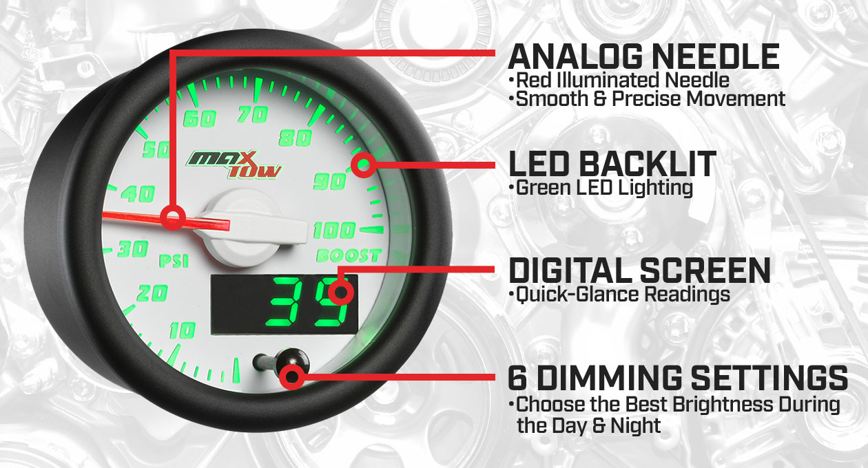 White & Green Double Vision 100 PSI Boost Gauge Features