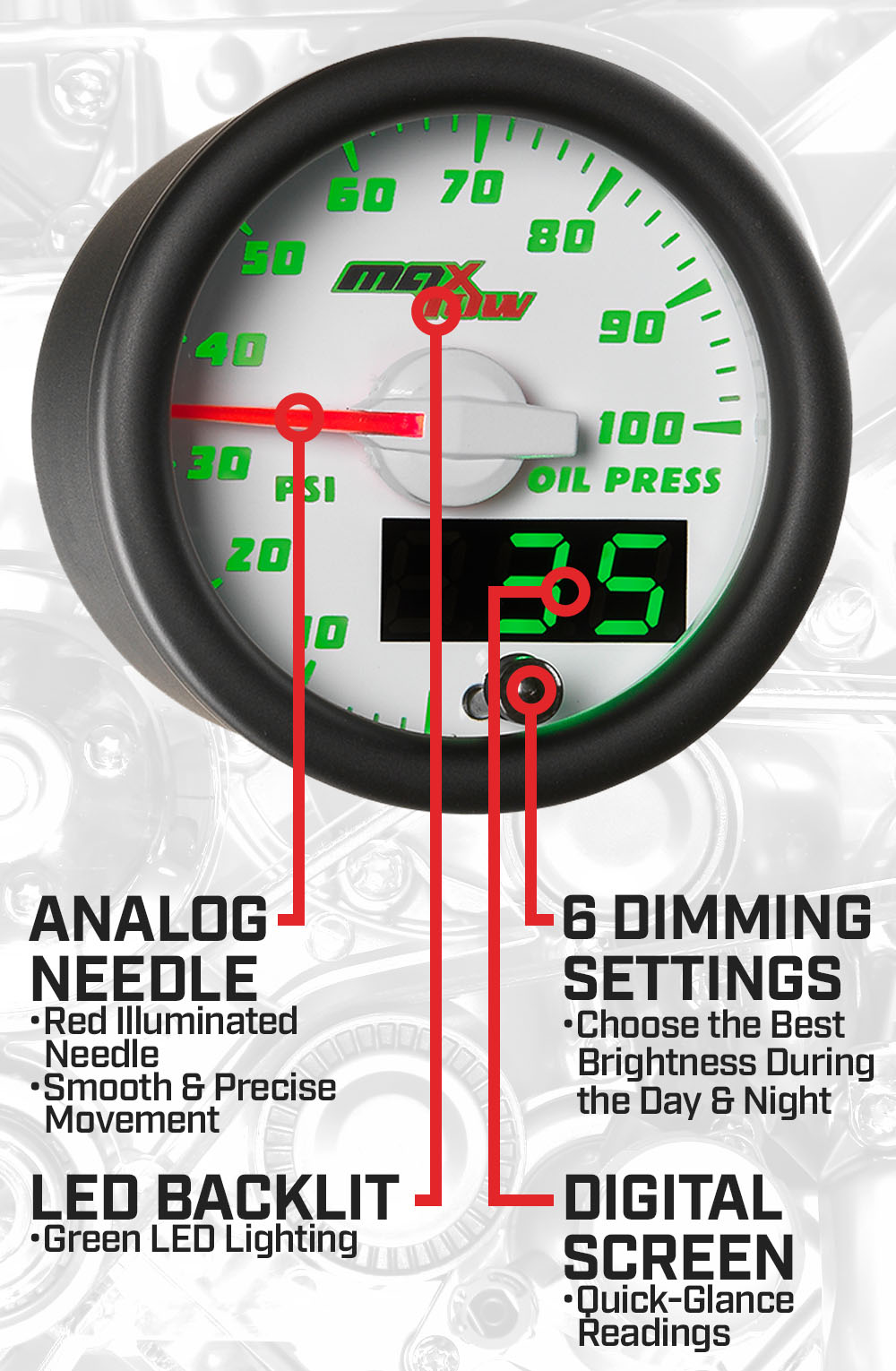 White & Green Double Vision Oil Pressure Gauge Features