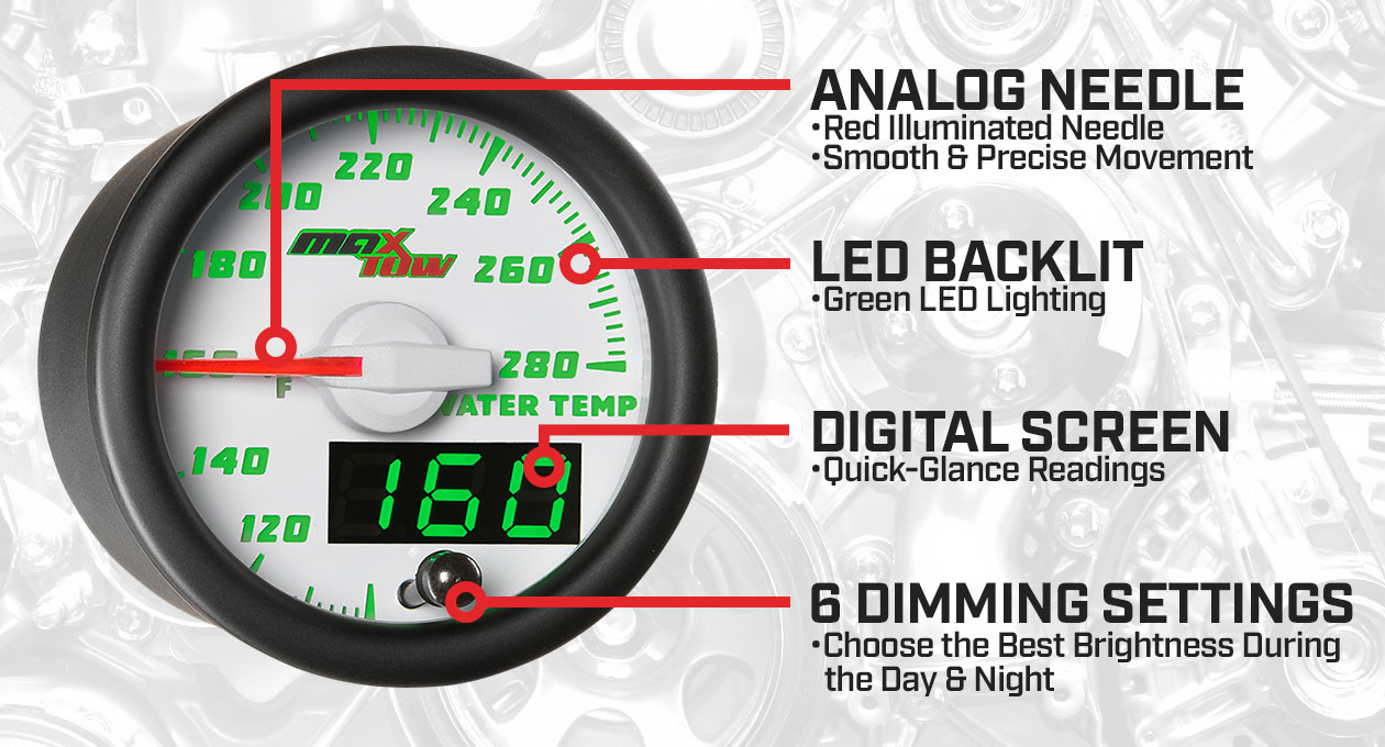 White & Green Double Vision Water Temperature Gauge Features