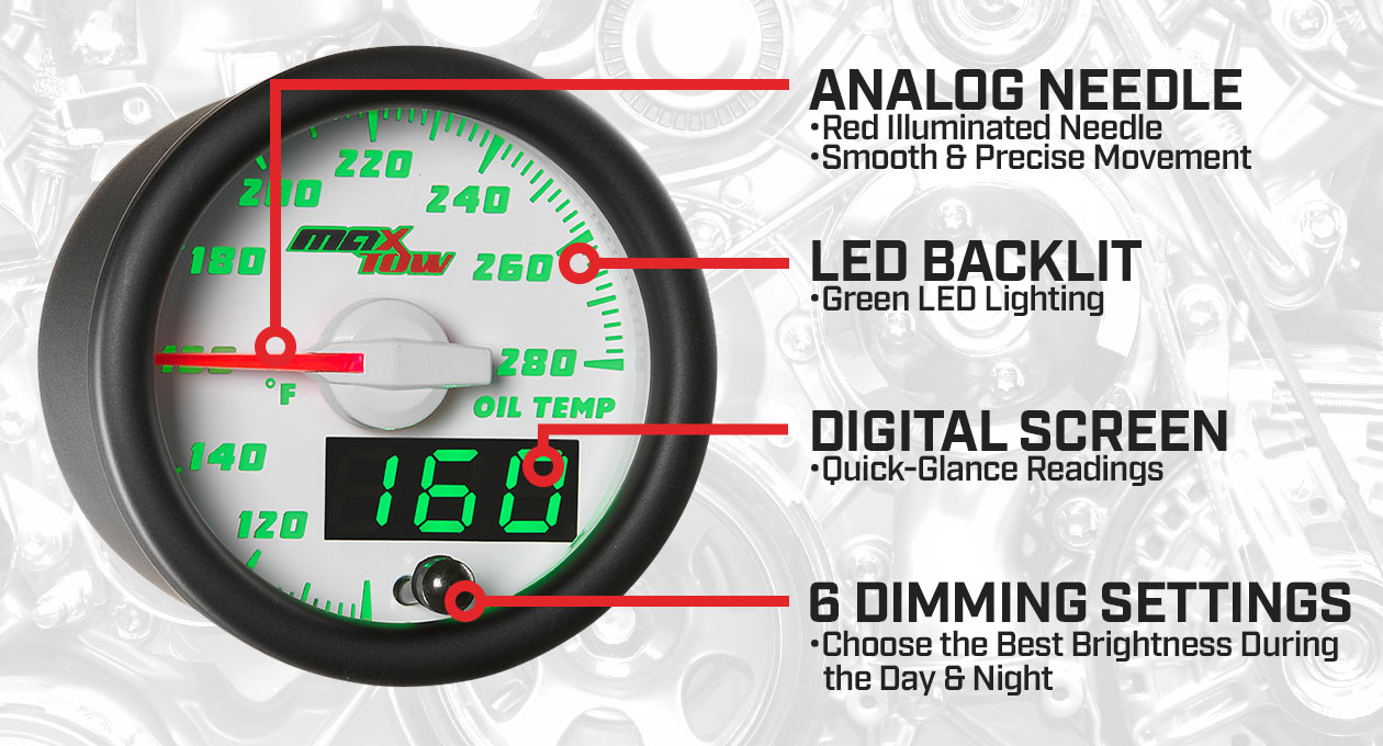 White & Green Double Vision Oil Temperature Gauge Features