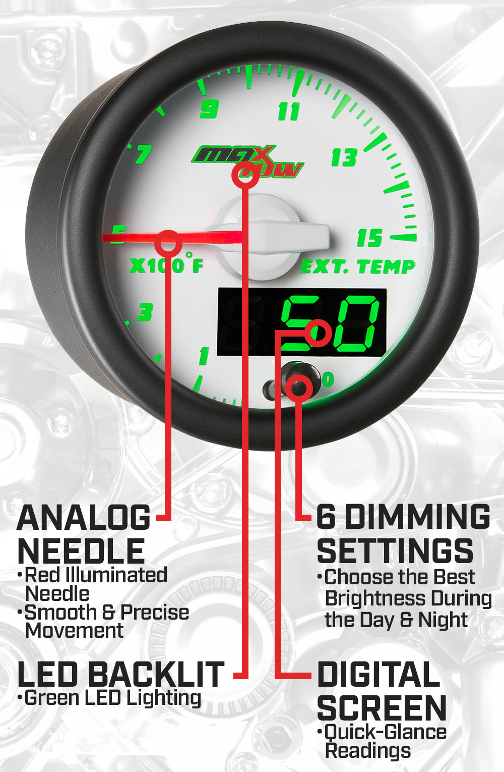 White & Green Double Vision 1500F Pyrometer EGT Gauge Features