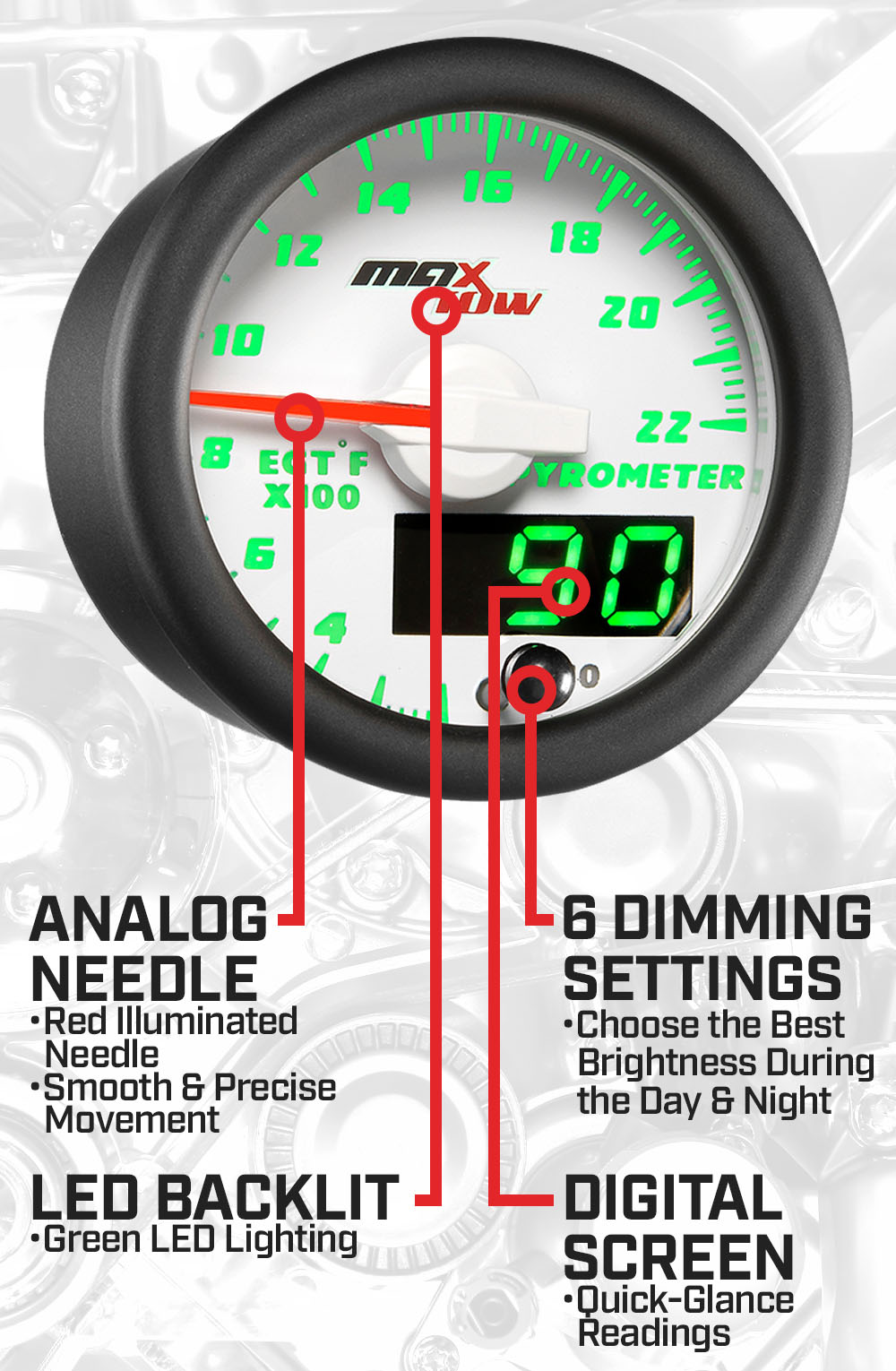 White & Green Double Vision 2200F Pyrometer EGT Gauge Features