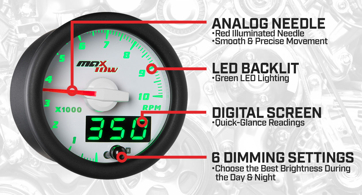 White & Green Double Vision Tach Gauge Features