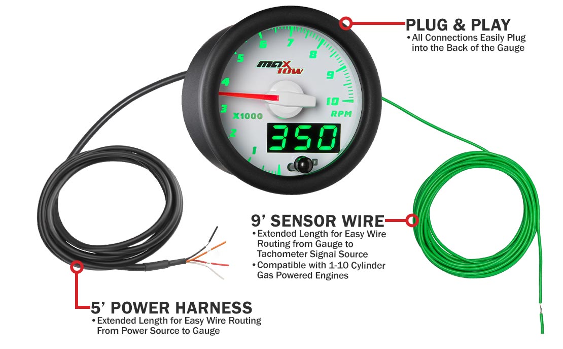 White & Green Double Vision 2 Inch Tachometer Gauge Parts & Wiring