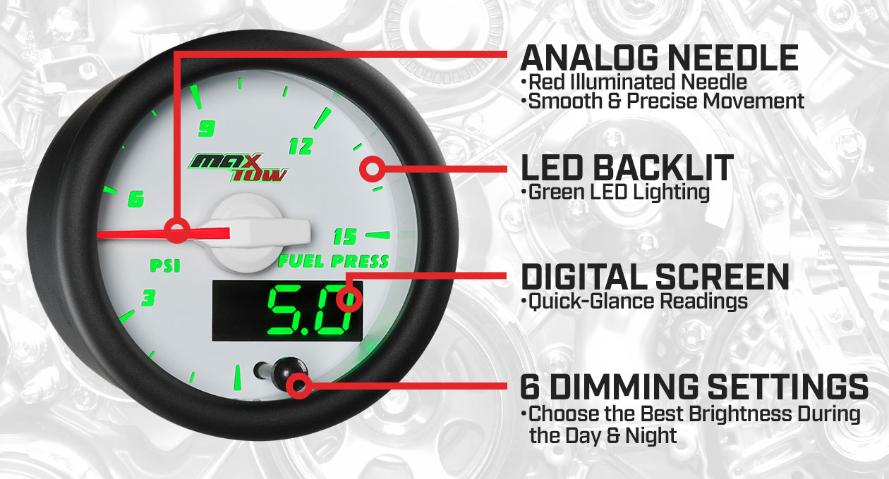 White & Green Double Vision 15 PSI Fuel Pressure Gauge Features